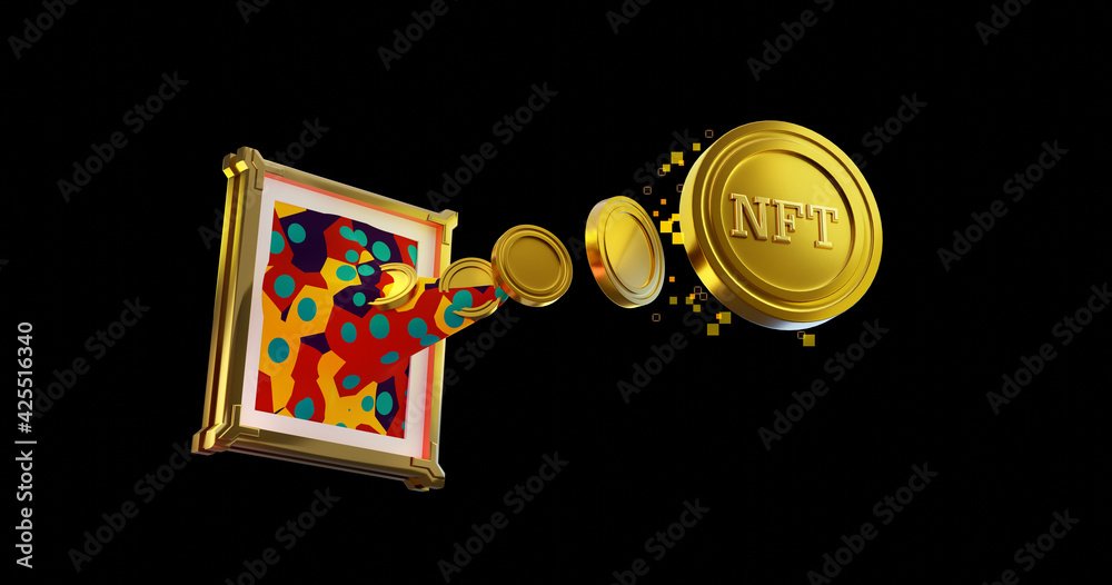 3D rendering illustration of art piece transform to digital Golden coins NFT non-fungible tokens, concept art